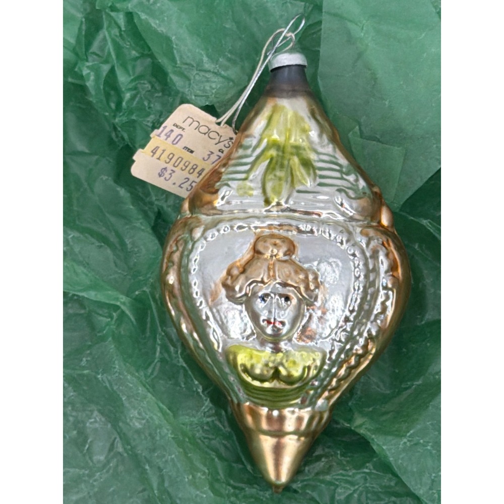 Vintage West Germany Mercury Glass Ornament Victorian Lady Rose Macy Tag Gold